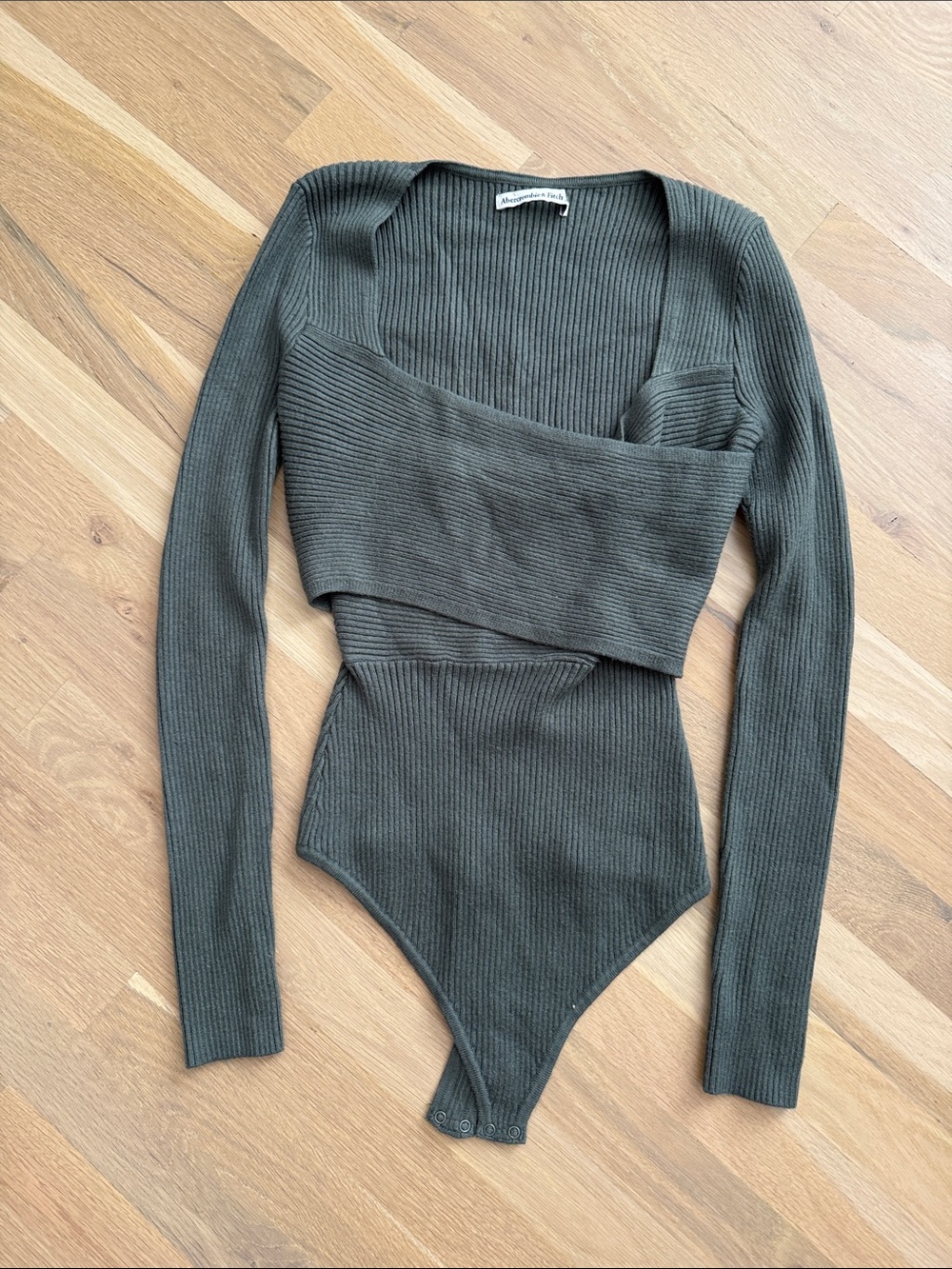 Abercrombie & Fitch Olive Ribbed Square-Neck Long-Sleeve Bodysuit